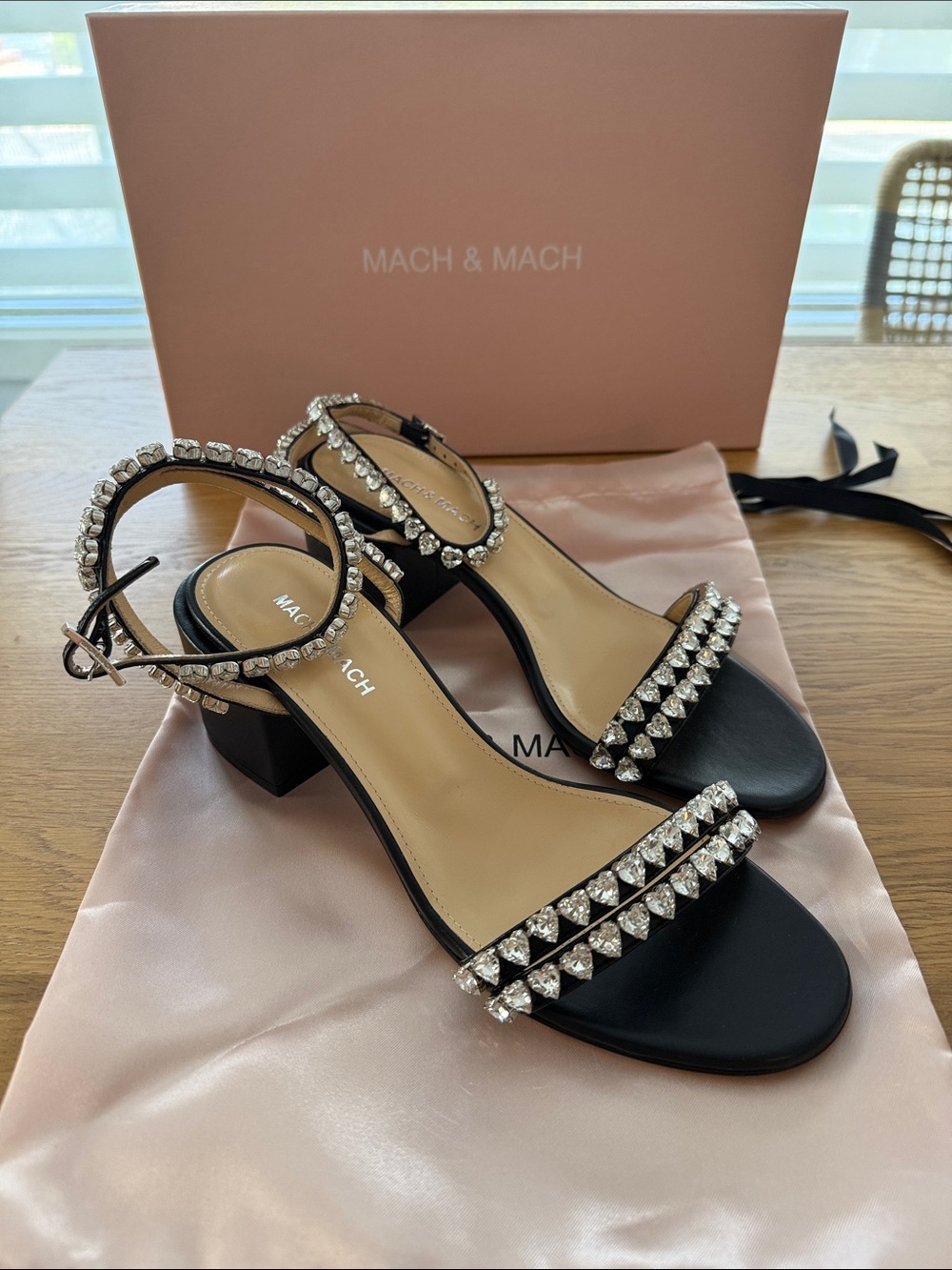MACH & MACH Black Crystal-Embellished Block Heel Sandals